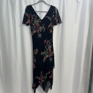 Eva Blue Black Floral Bias Cut Asymmetrical Beaded Midi Dress 10 Whimsigoth